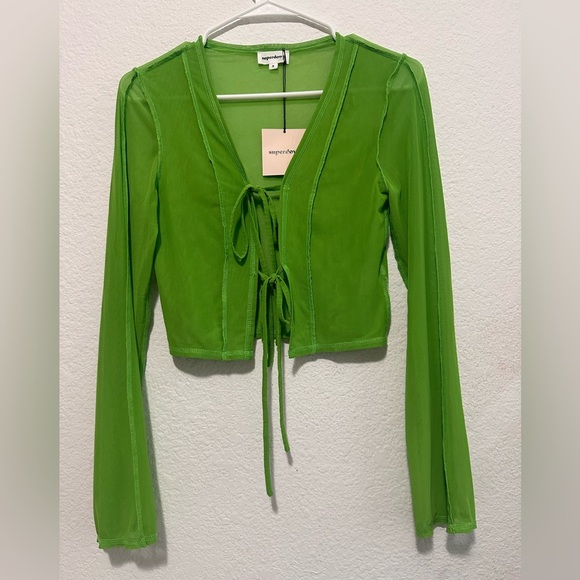 superdown Tess Tie Front Top in Kelly Green Sheer Top size S - Picture 3 of 9